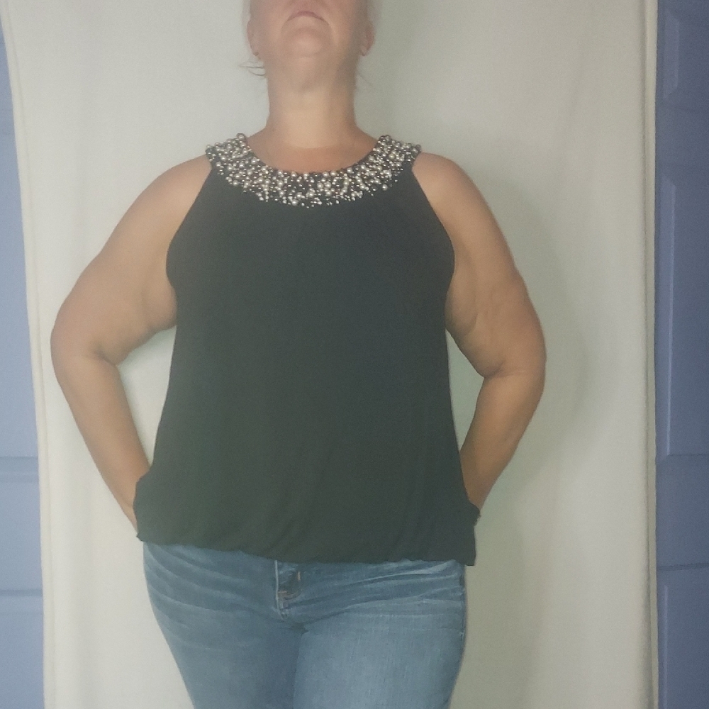 Alfani Black Sleeveless Top with Embellished Neckline